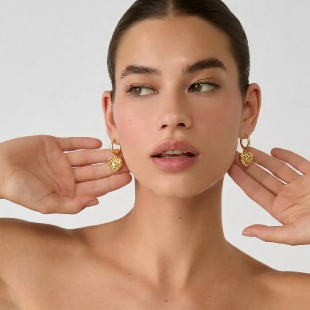 18K Gold Filled Filigree Puffed Heart Hoop Earrings – Dangle Heart Huggie Hoops